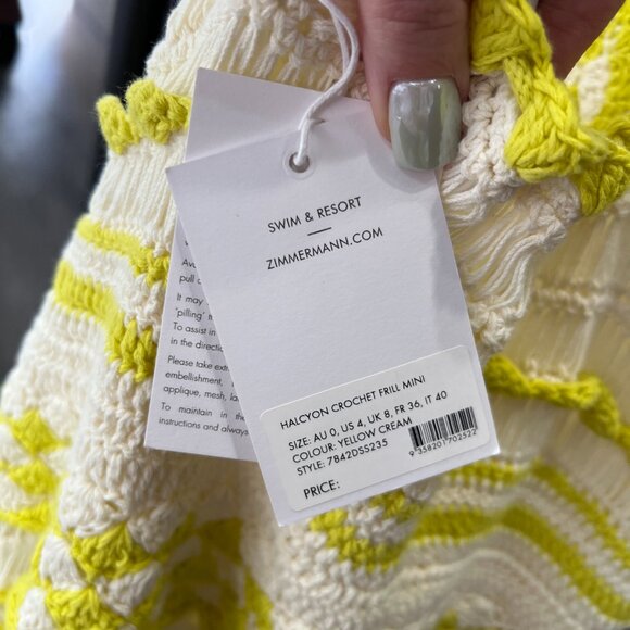 $795 NWT Zimmermann Yellow White Crochet Halcyon Frill Mini Dress sz 4/IT 40 - Picture 13 of 14